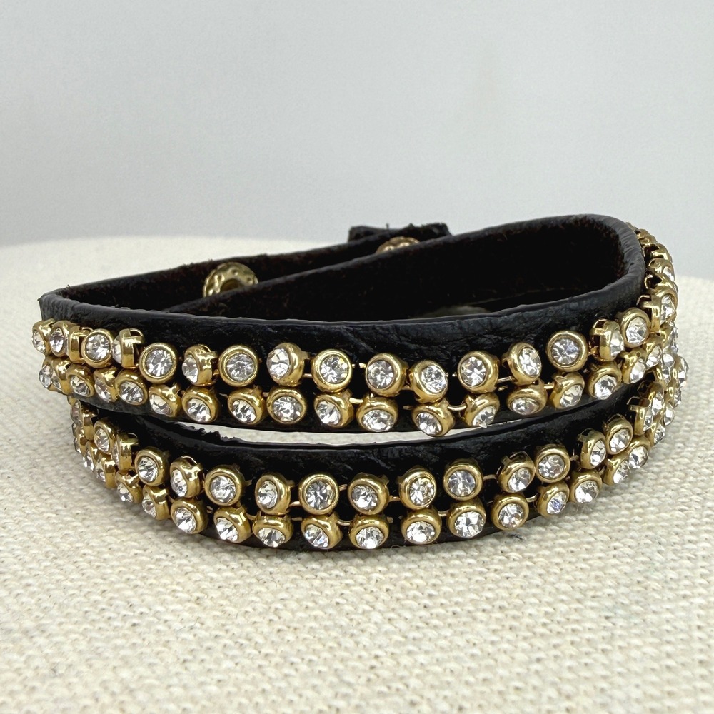 Chloe + Isabel Black Leather Double‎ Wrap Bracelet Crystal Gold Tone Snap Logo
